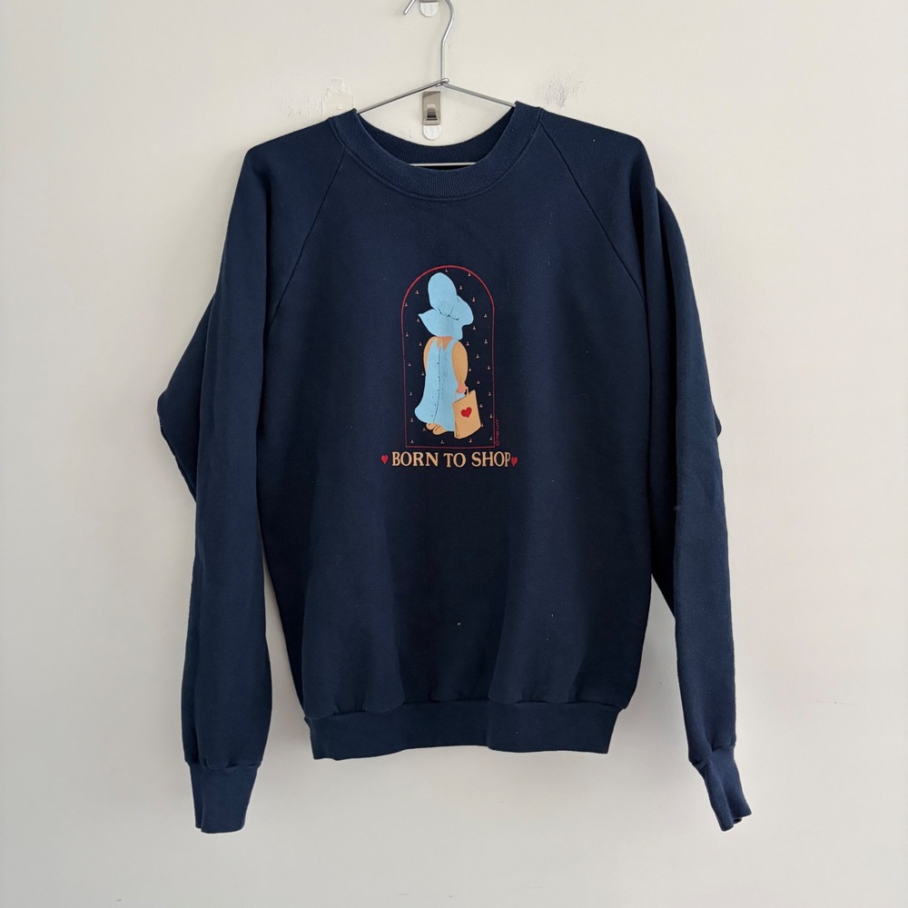 Vintage 1988 Lutz Born To Shop Navy Blue Graphic Sweatshirt Womens XL